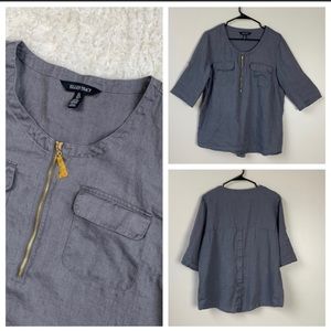 Ellen Tracy Zip Up Linen Blend Gold Tassel Tunic L